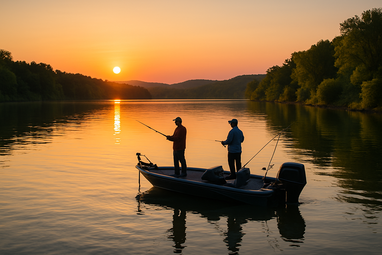 Anglers fishing at Lake Meredith during sunrise, highlighting serene water and fishing activity