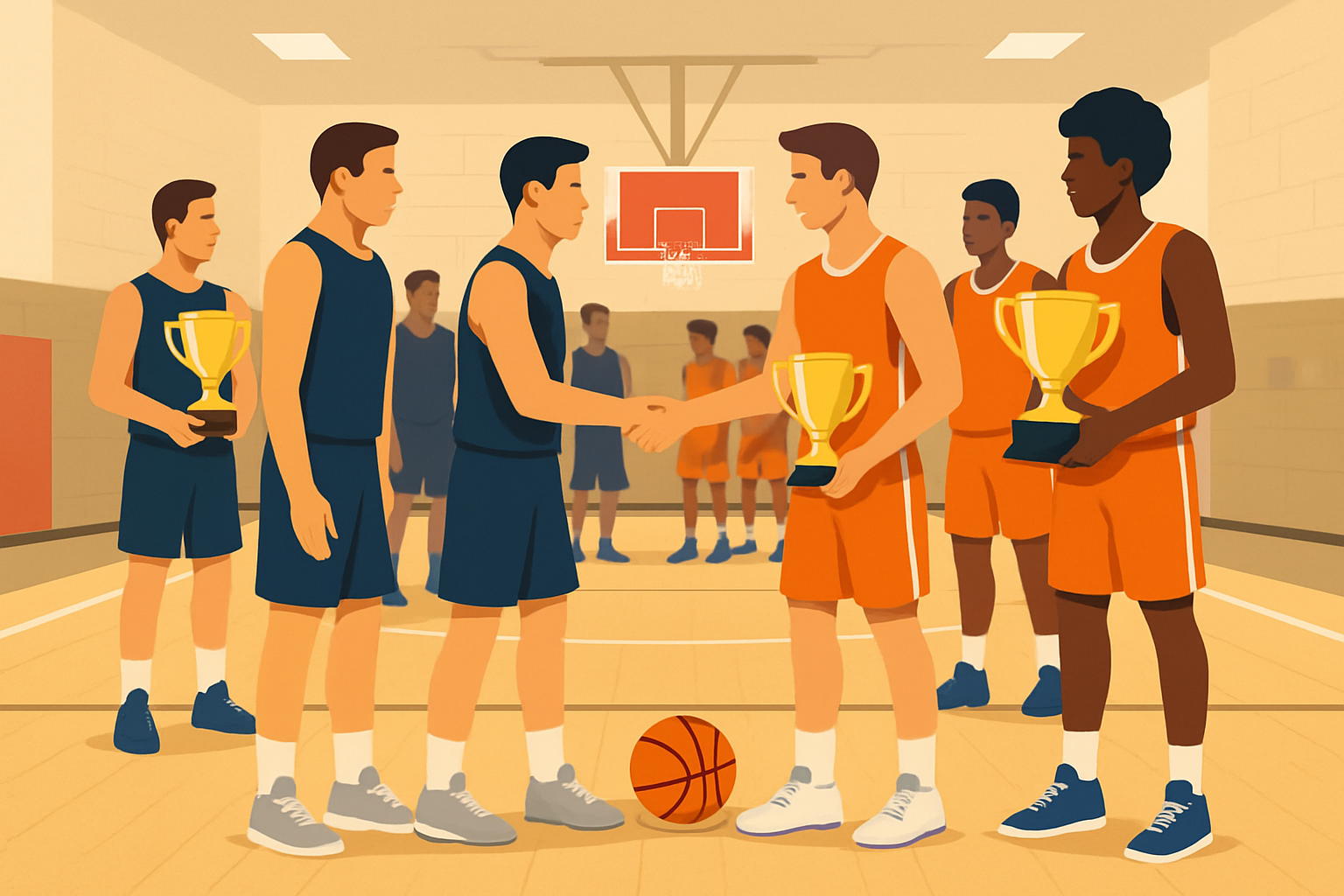 High school basketball teams competing in a tournament with consolation rounds where trophies are awarded for third place.