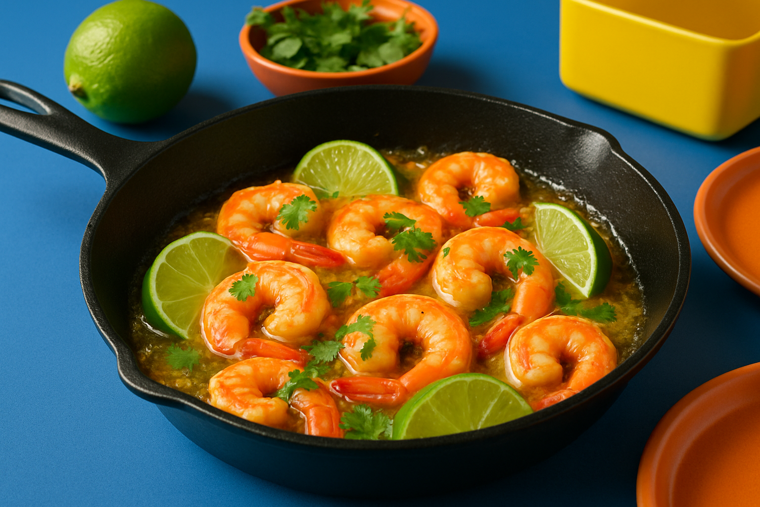 Margarita shrimp cooking in a skillet with fresh garnishes ready to serve