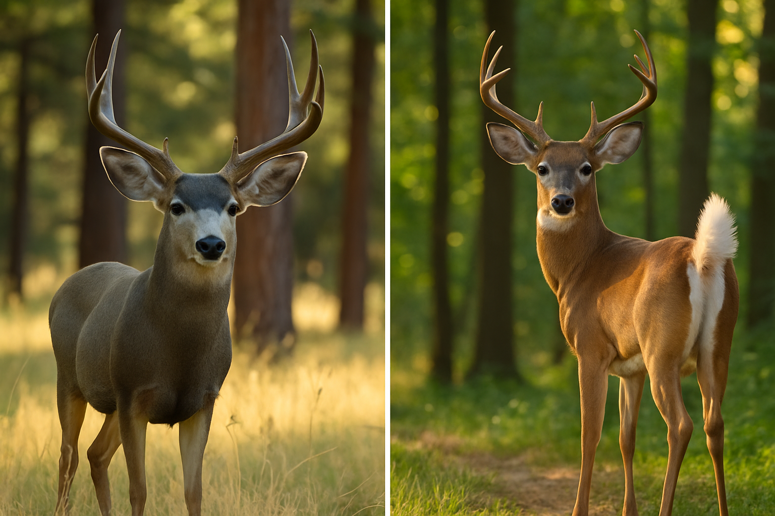 Visual comparison showing the physical differences between mule deer and white-tailed deer, focusing on ears, tail, and antlers.
