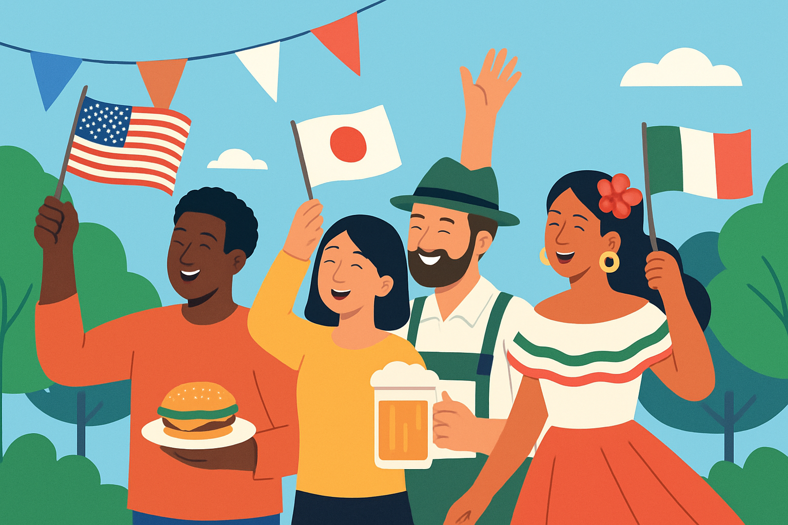 People around the world participating in different national day celebrations, illustrating cultural diversity and communal joy