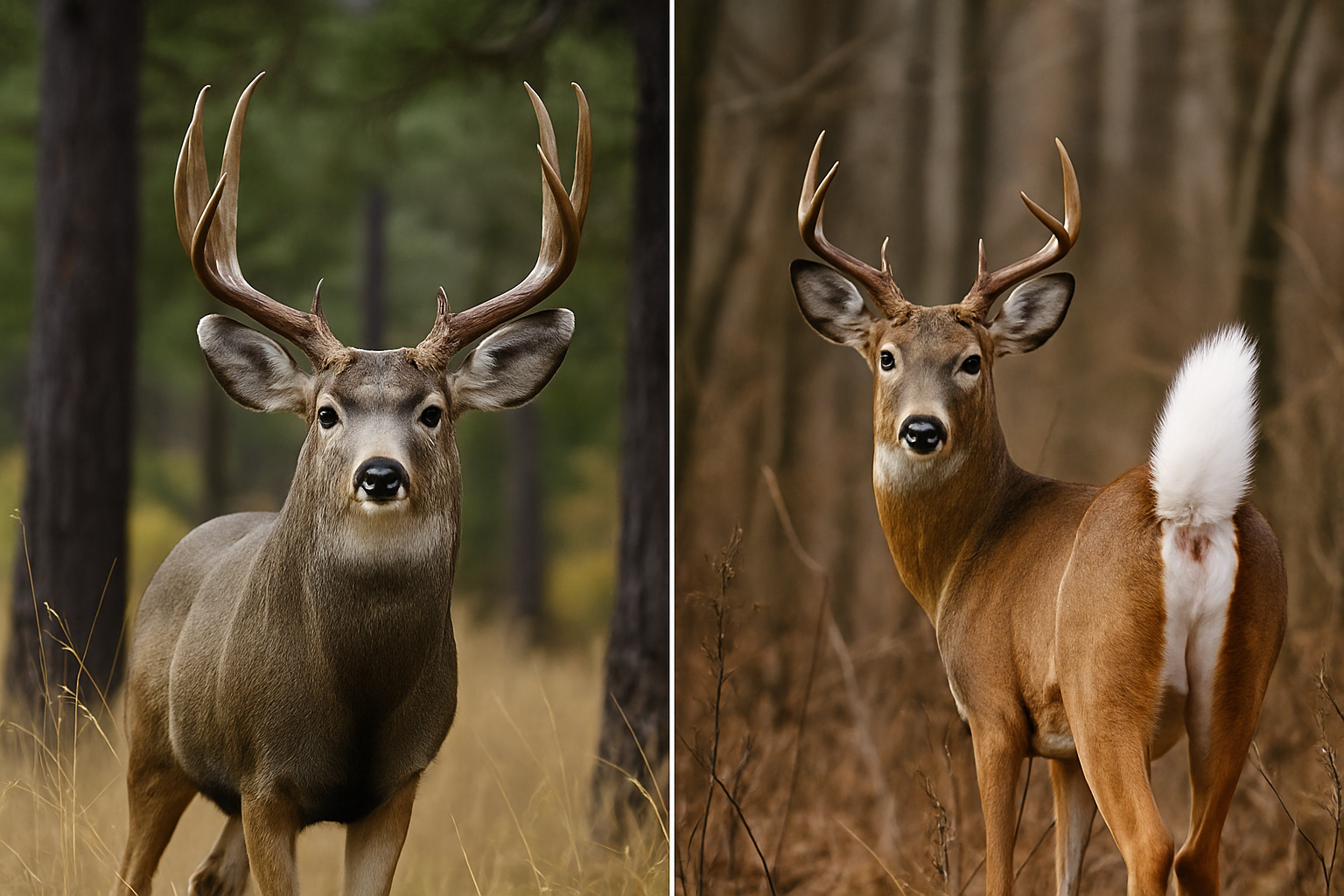 Photographic comparison capturing Mule Deer and White Tail in natural settings to visually reinforce identification differences