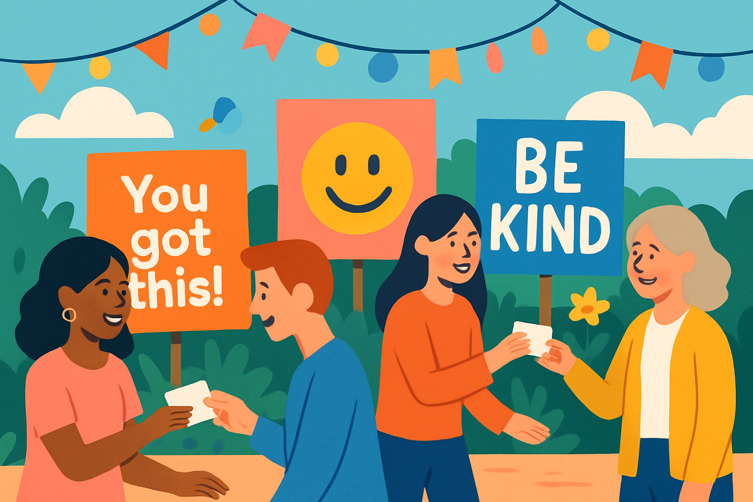 A lively day of encouragement involving community members sharing handwritten notes and displaying colorful encouragement boards.