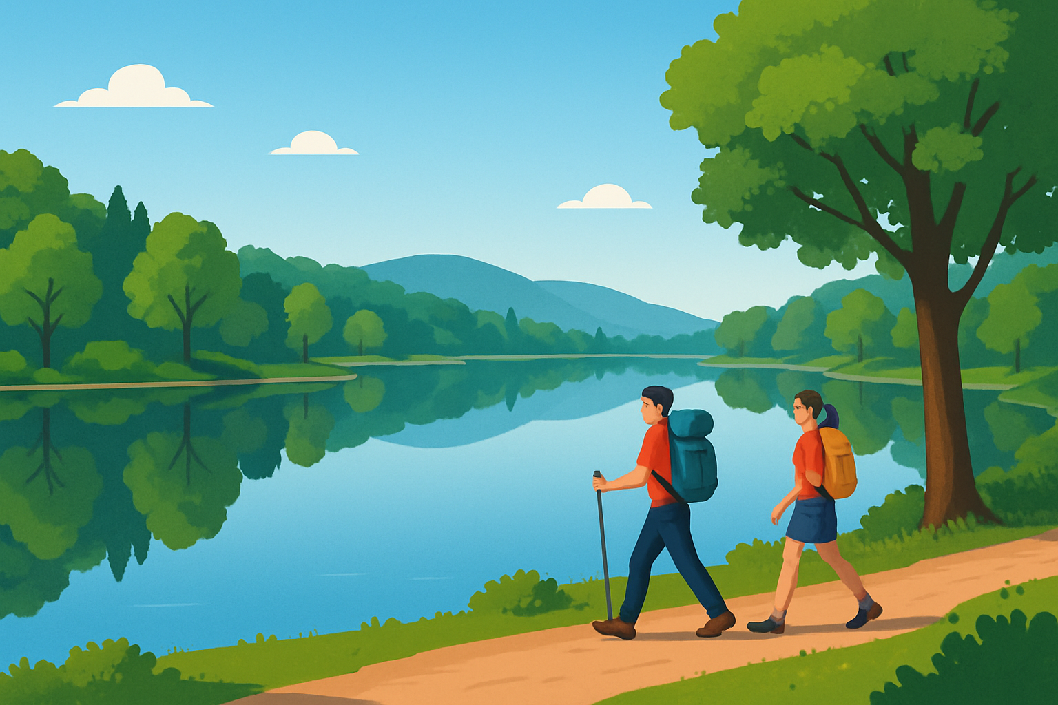 Scenic panorama of Palo Lake showcasing walking trails, serene water, and surrounding greenery on a sunny day.