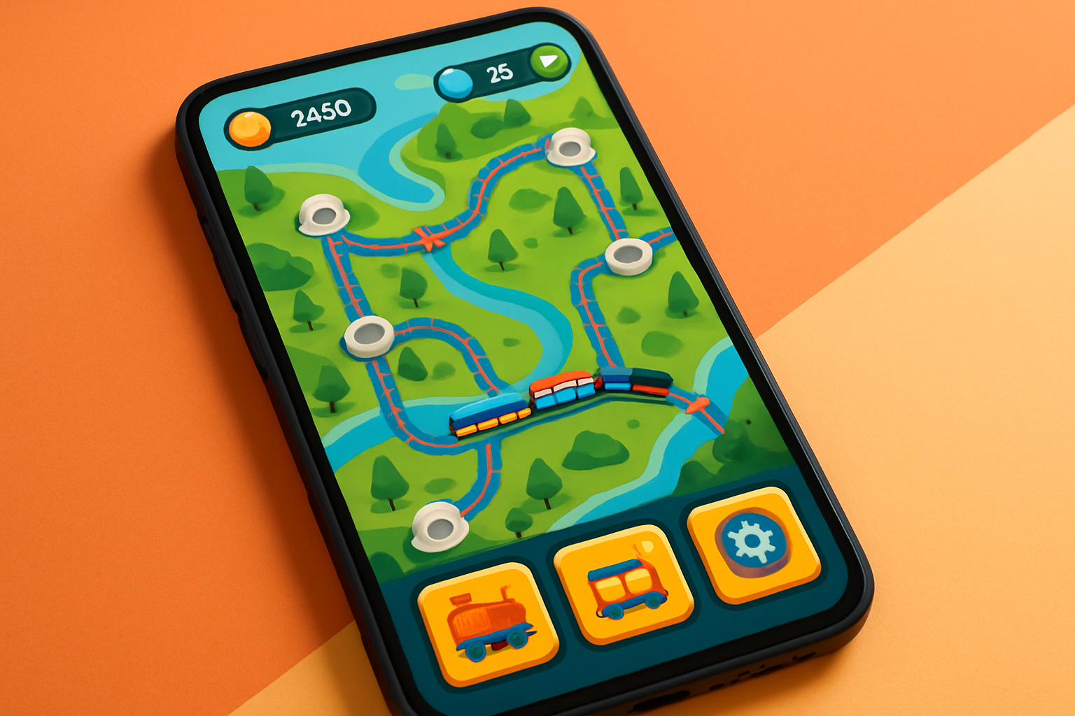 Screenshot showcasing an optimized railway network with multiple upgraded stations and smooth train schedules in Stationmaster Game
