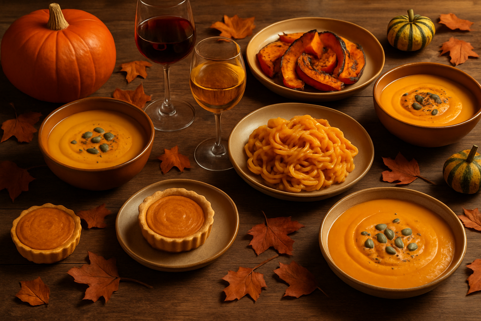 An inviting autumn table showcasing diverse pumpkin dishes paired beautifully with an assortment of wines.