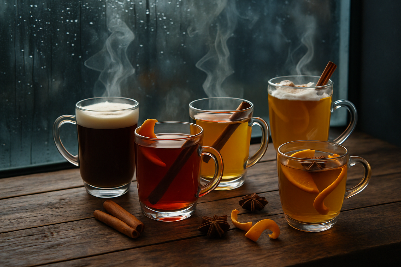 A beautifully styled collection of five signature rainy day cocktails, showcasing warm and inviting presentation.