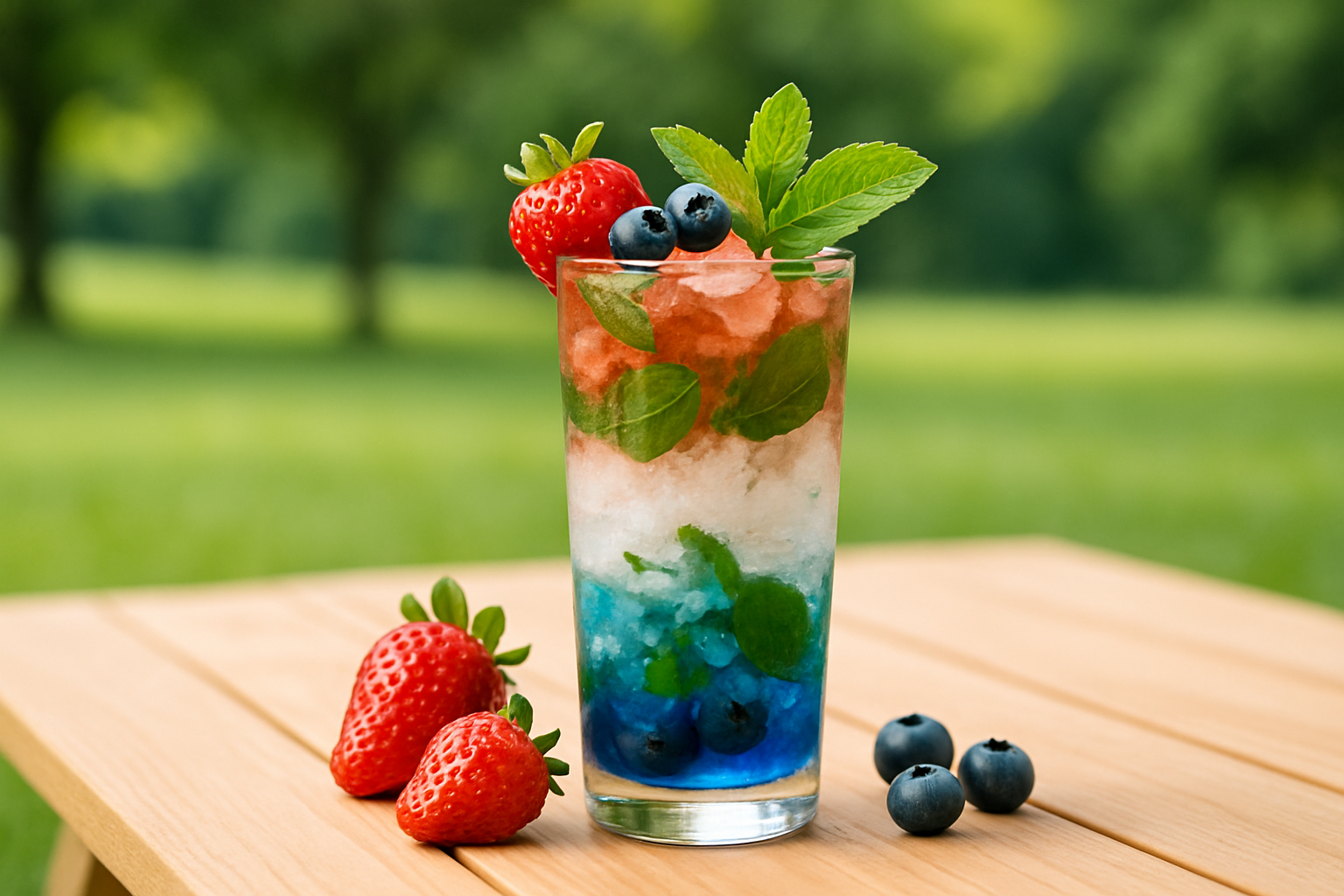 A visually stunning Red White and Blue Mojito showcasing vibrant distinct color layers and fresh garnishes, perfect for summer party inspiration.
