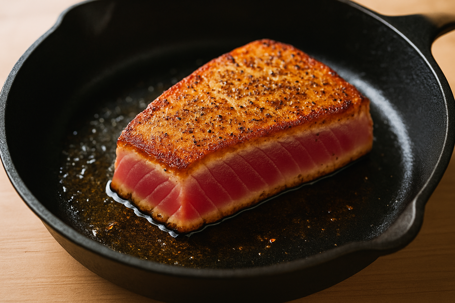 Searing ahi tuna in a cast iron skillet creates a flavorful crust while keeping the interior tender.