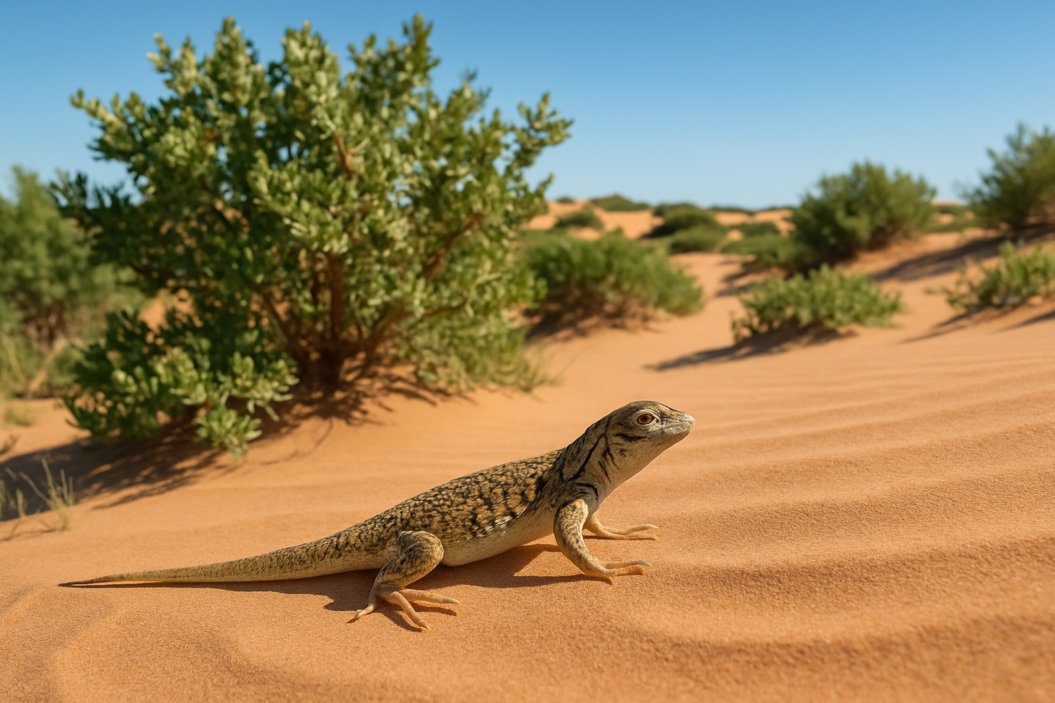 The dunes sagebrush lizard blending with its sandy dune environment amid shinnery oak shrubland.