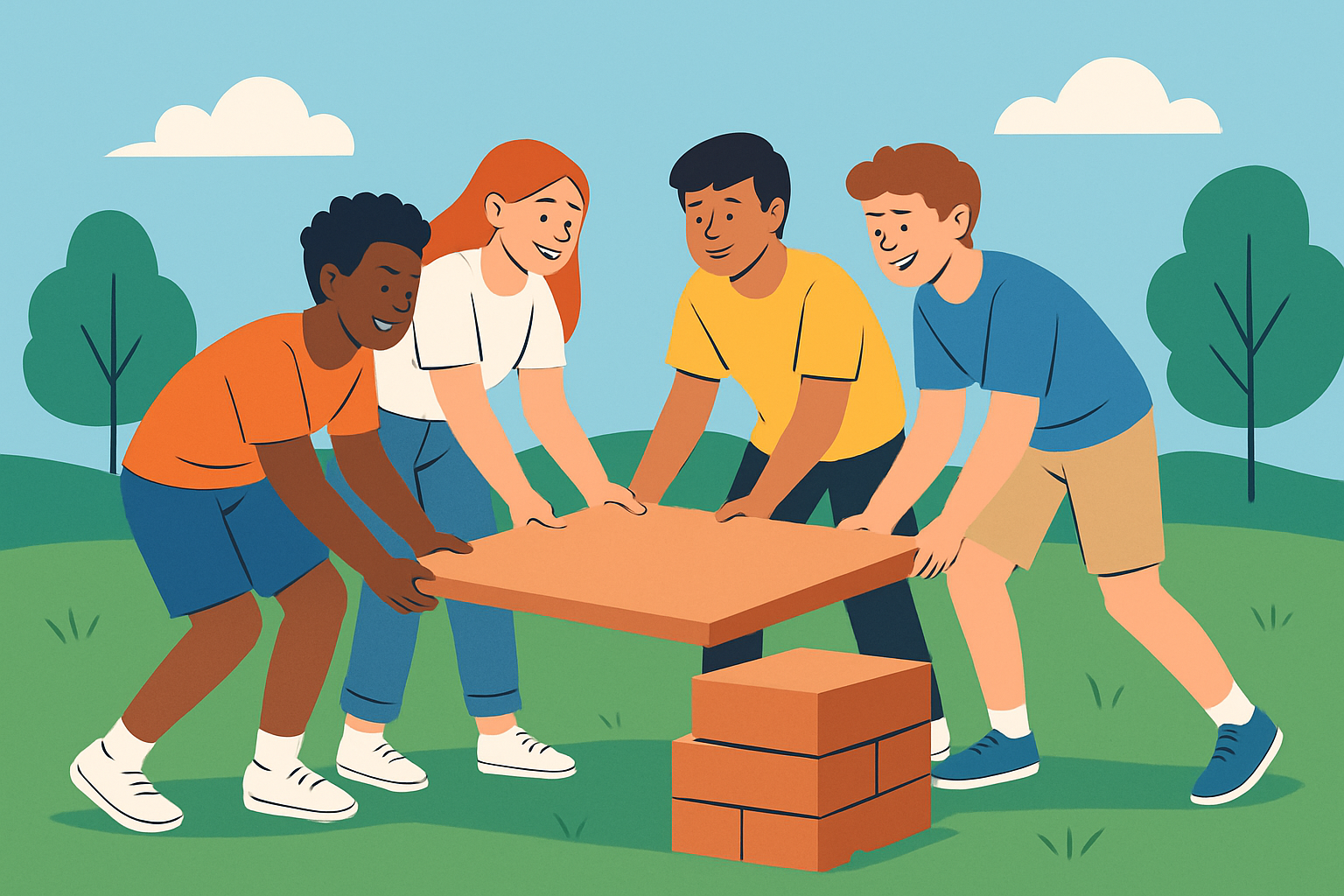 Photo illustrating a typical high school Fish Camp group involved in an outdoor team-building activity