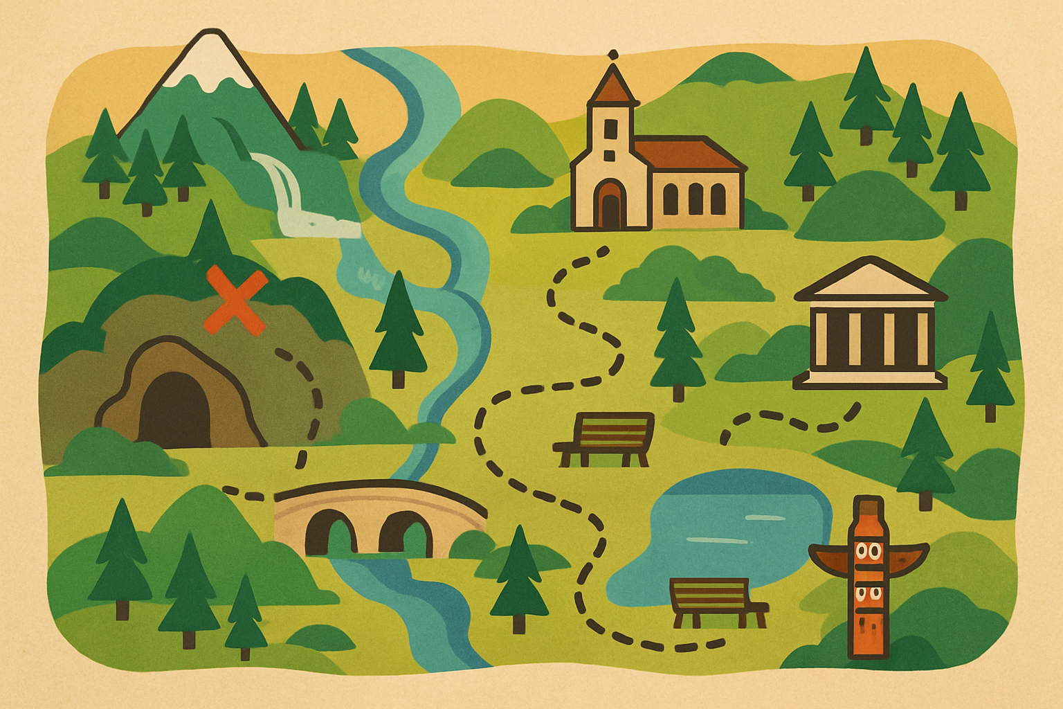 A detailed illustrative map of South Park showcasing its hidden landmarks including natural, historical, and cultural points of interest.