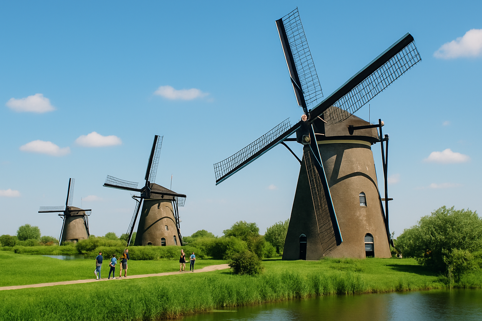 A panoramic view capturing the iconic windmills of Old Windmill Park amidst greenery and clear skies.