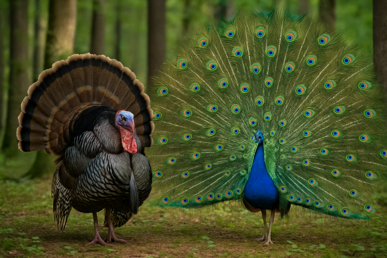 Visual comparison of a male wild turkey and a male Indian peacock highlighting differences in plumage and physical features.