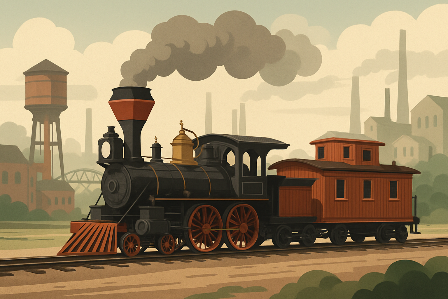 An early wooden caboose attached to a 19th-century freight train, illustrating its historic design and setting.