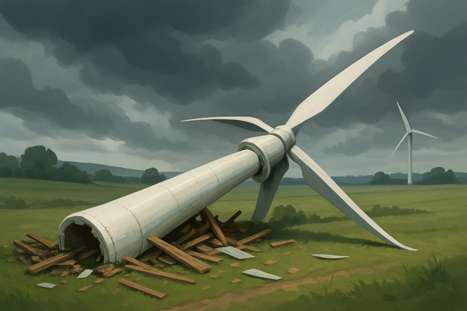 Collapsed wind turbine following a severe weather event, illustrating the physical consequences of windmill falls.