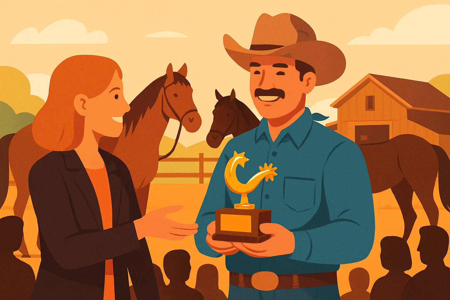 A rancher being honored with the Golden Spur Award during a community event surrounded by fellow ranchers and horses