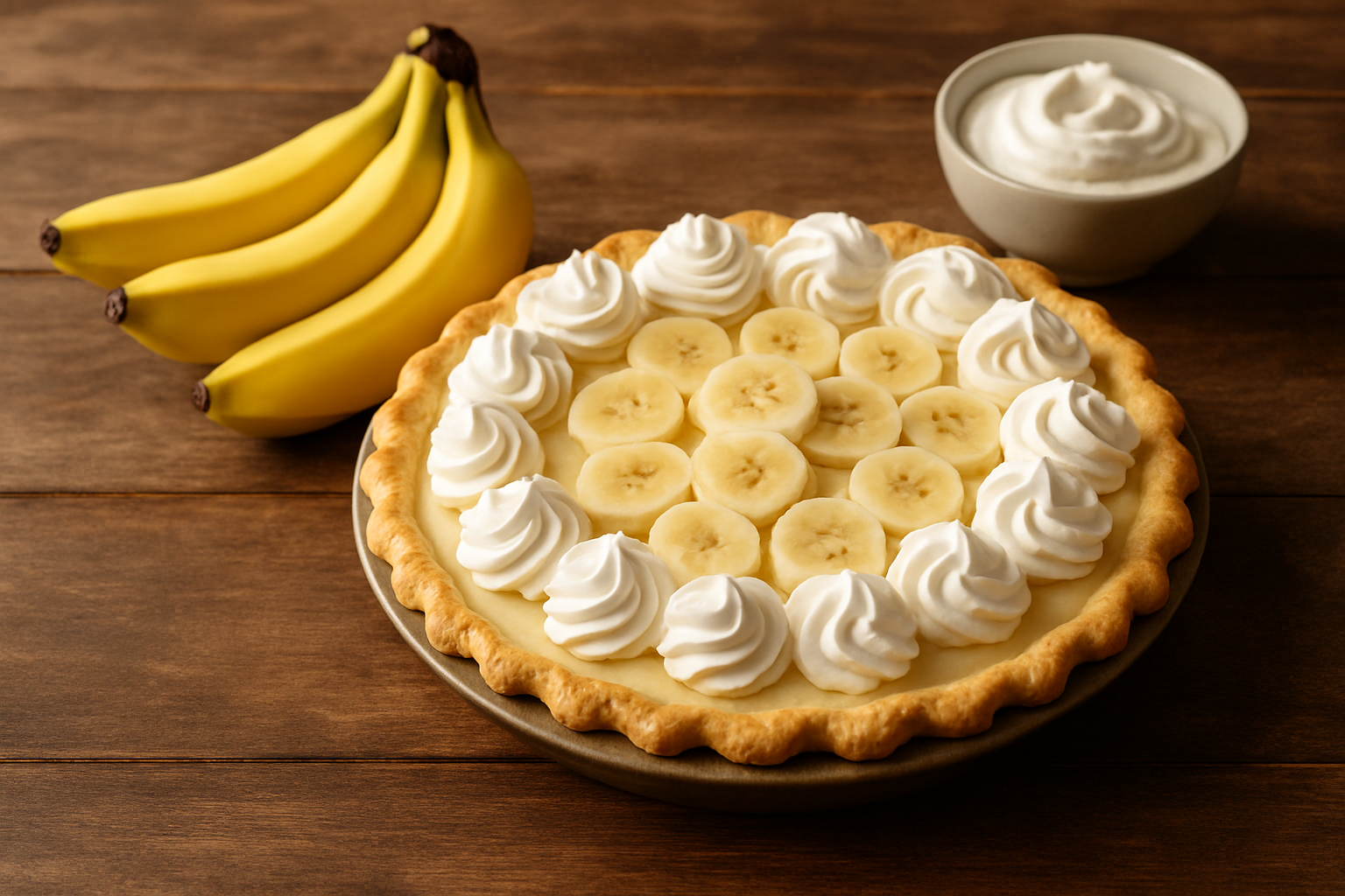 A beautifully presented banana cream pie topped with whipped cream and banana slices, ready to be served.