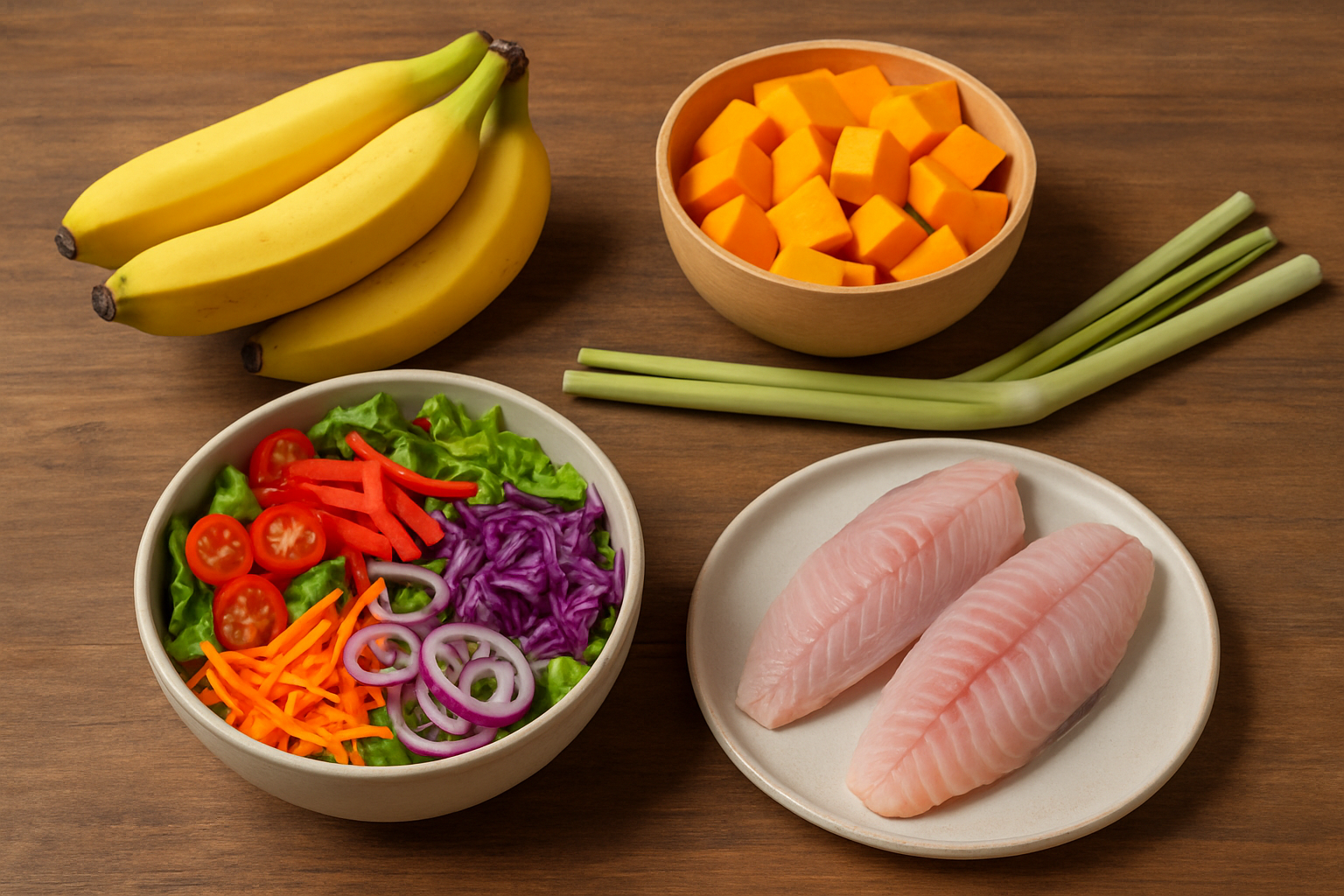 Fresh ingredients for banana pumpkin with lemongrass fish and susut salad ready for preparation.