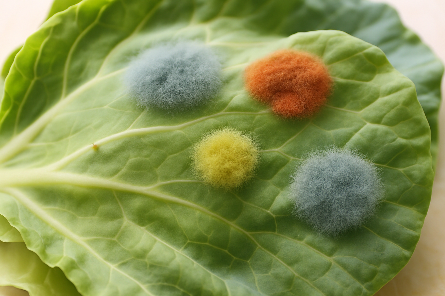 Visual close-up showing how mold typically appears on cabbage leaves in different stages