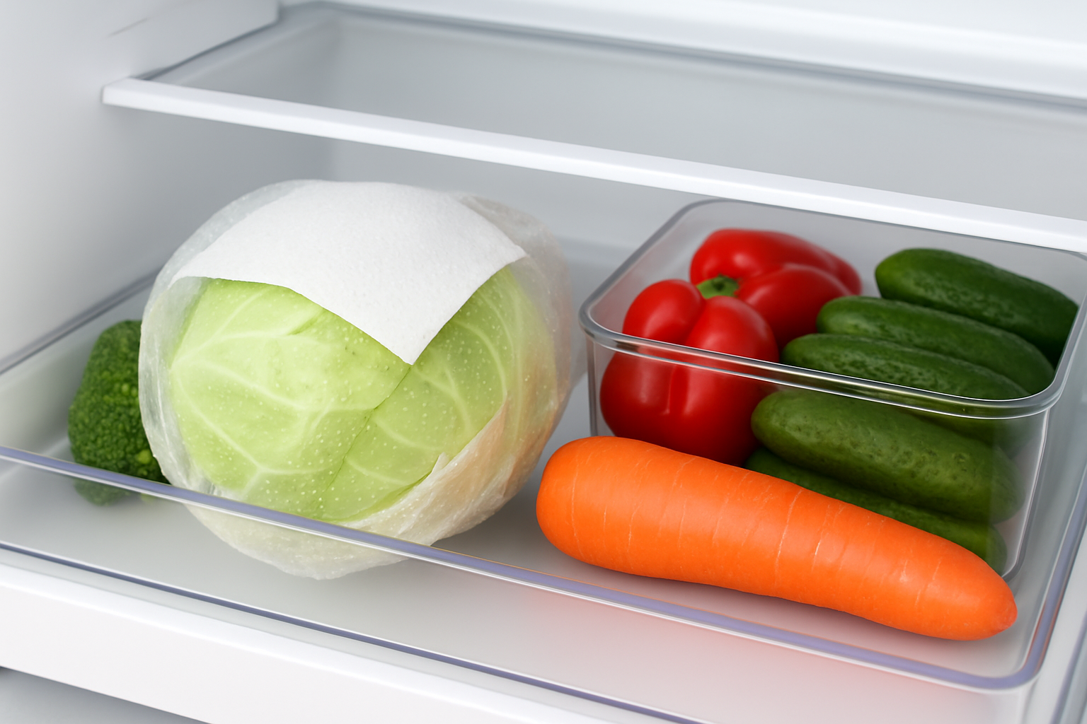 Example of a refrigerator crisper drawer storing cabbage correctly to keep it fresh and mold-free
