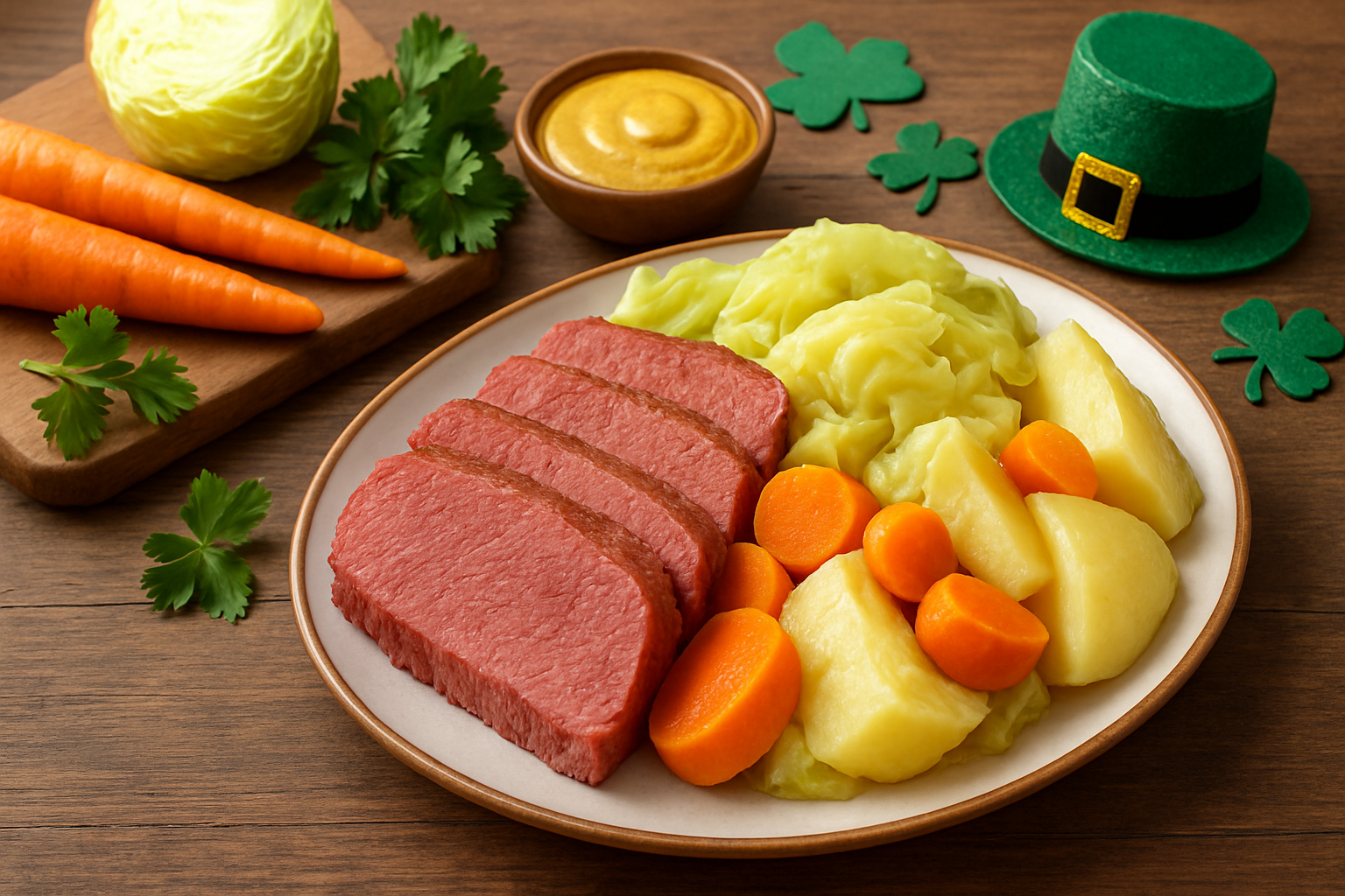 Classic plated corned beef with cabbage and potatoes, ready to serve for National Corned Beef and Cabbage Day.