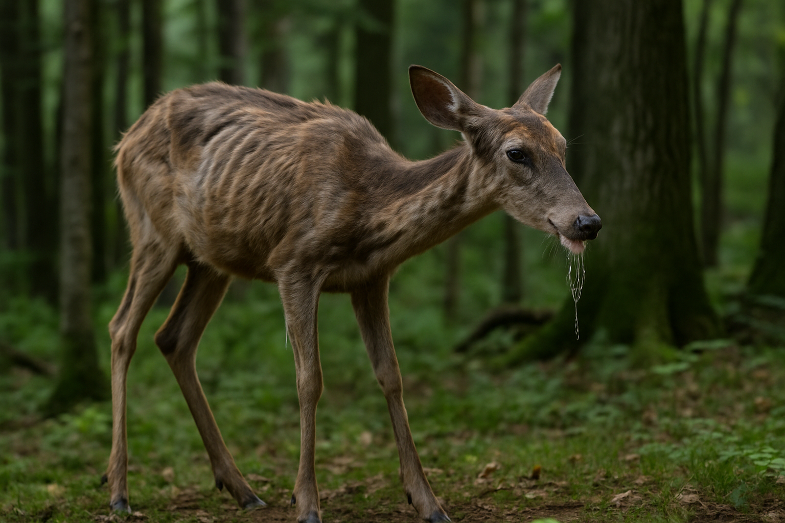 Photograph or detailed illustration showing a deer exhibiting typical CWD symptoms such as emaciation and drooling for visual identification