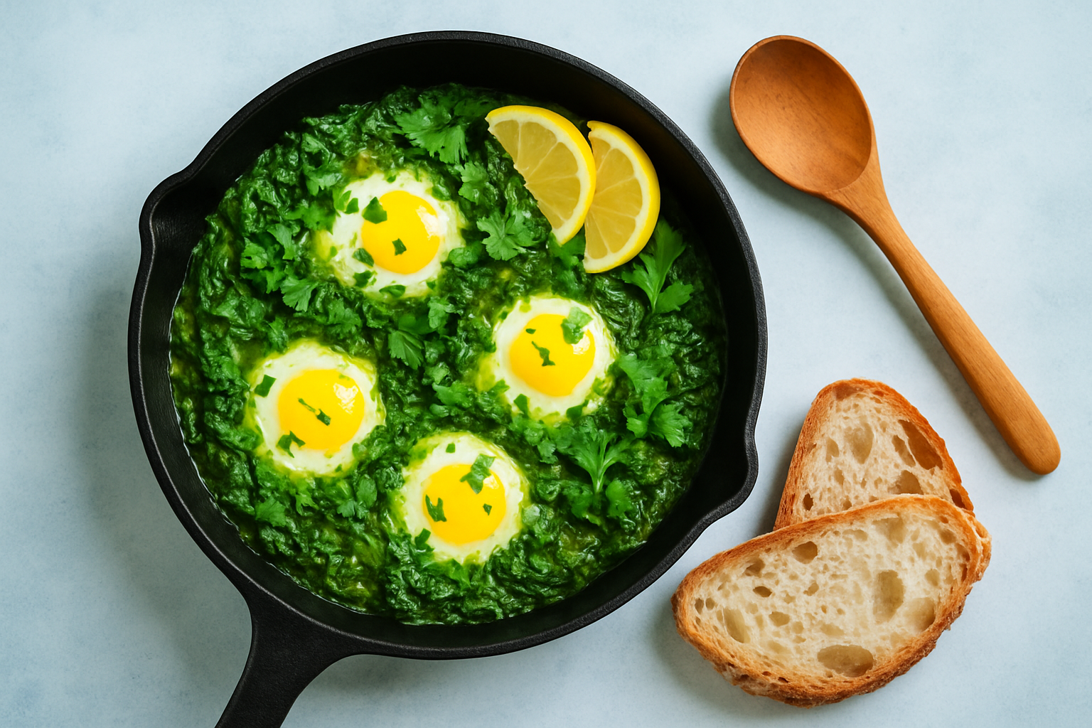 Finished green shakshuka served in a skillet, garnished with fresh herbs and lemon, ready to eat
