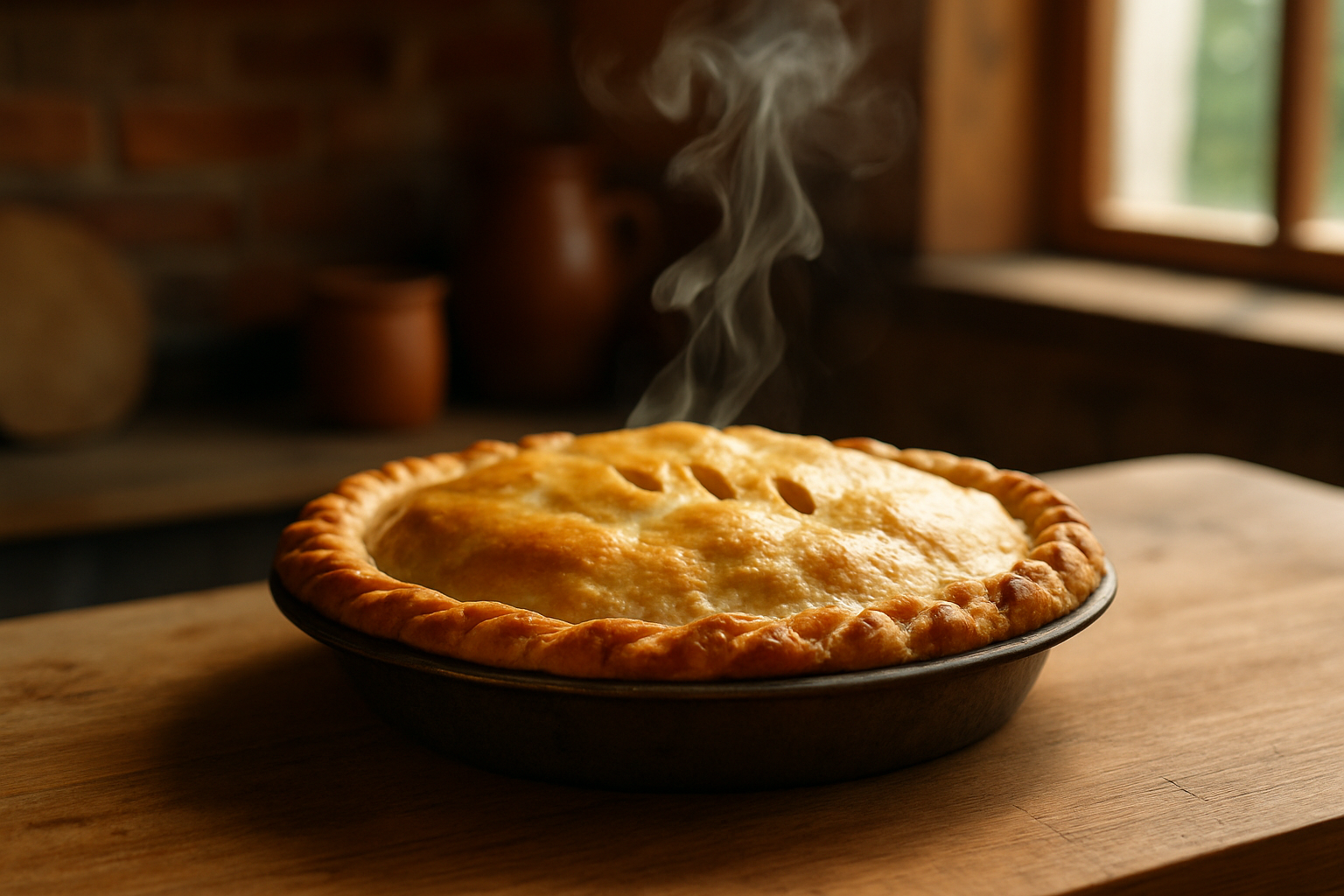 A freshly baked mature pie with a perfectly golden crust and traditional decorative edges resting on a wooden table.