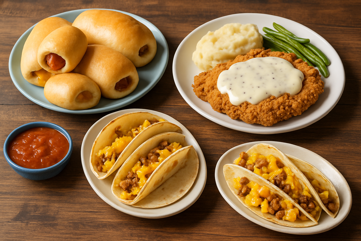 A colorful spread showcasing hidden Texan foods like kolaches and chicken-fried steak enjoyed by locals