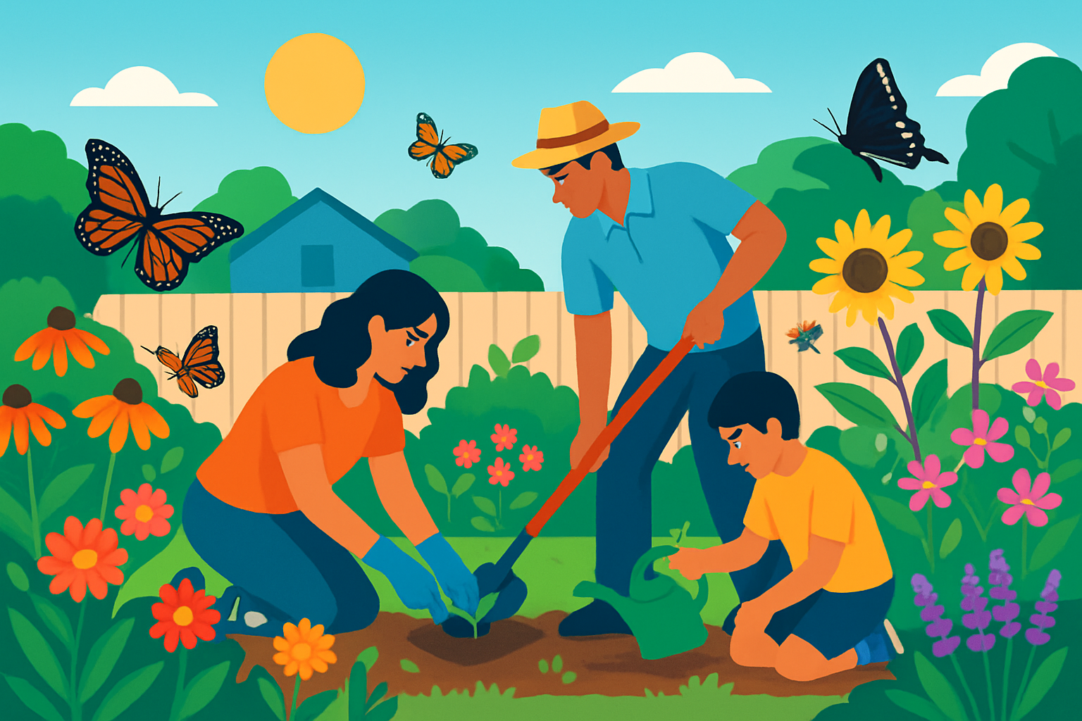 A family tending to a flourishing butterfly garden teeming with native flowers and butterflies