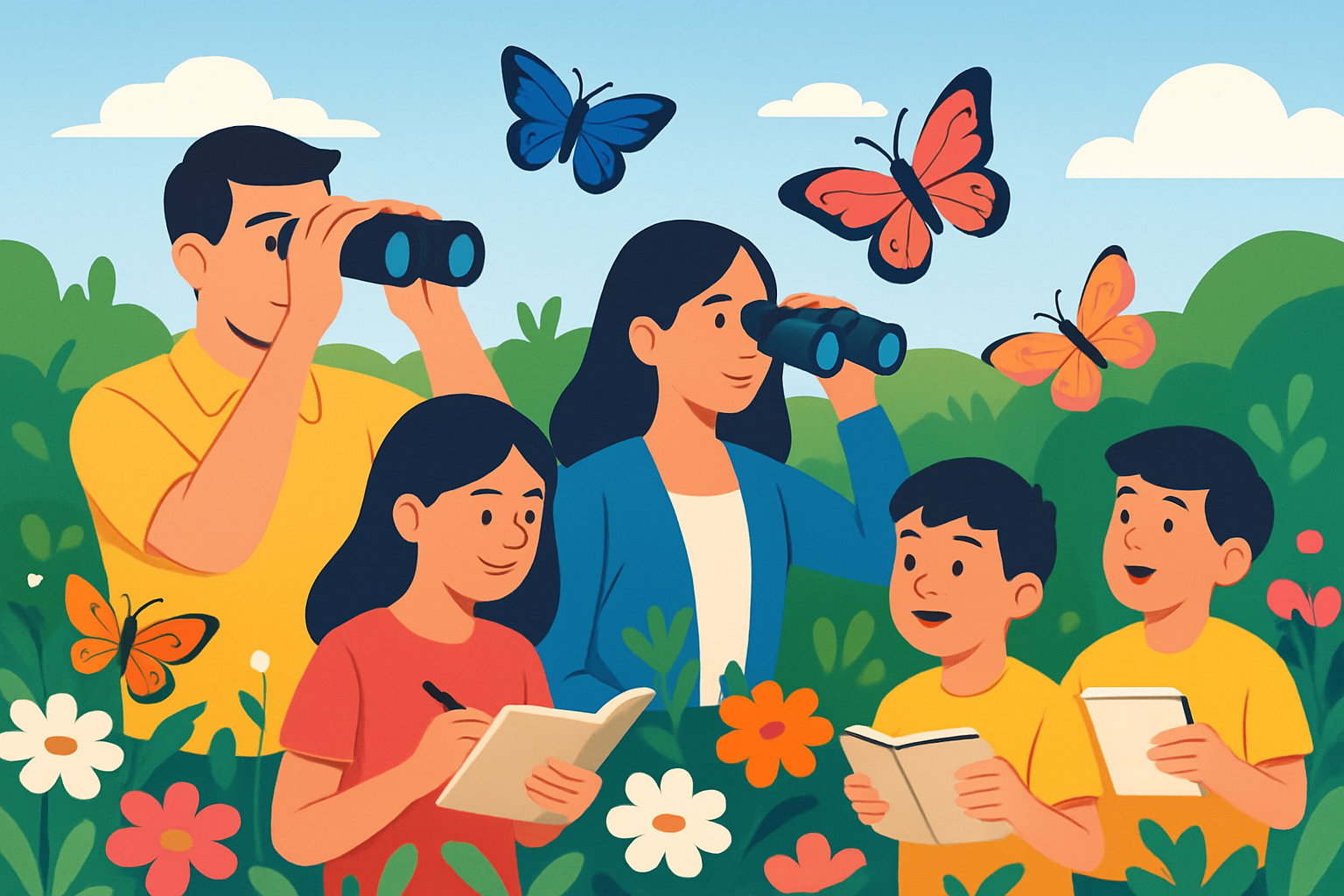 Family enjoying outdoor butterfly watching in a vibrant garden setting