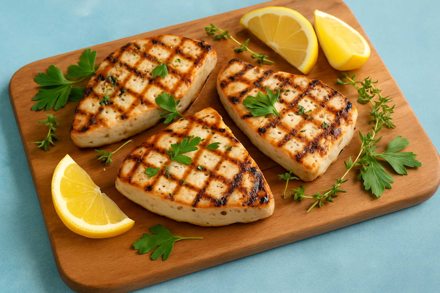 Grilled lemon garlic swordfish steaks served with fresh lemon wedges and herbs, showcasing a perfectly cooked and fresh dish.