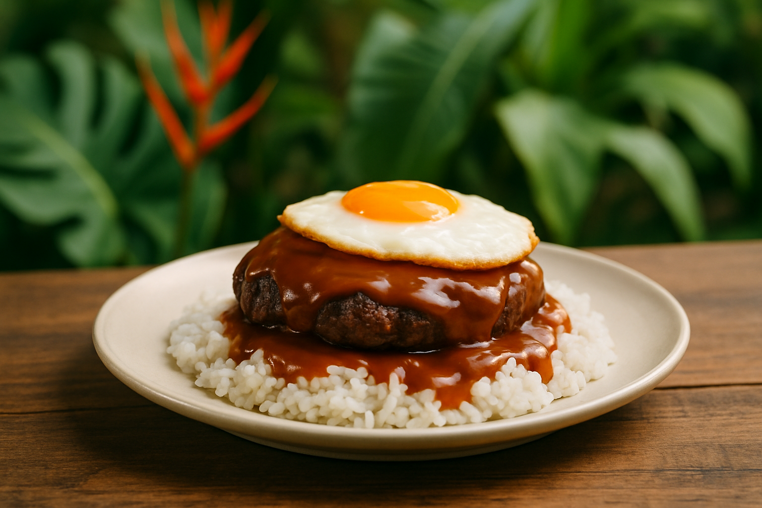 Iconic loco moco dish served with a generous pour of homemade brown gravy, showcasing the perfect Hawaiian comfort meal