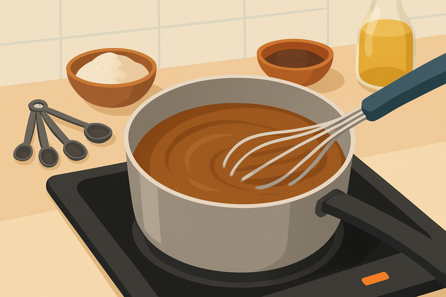 Preparation of classic brown gravy in a saucepan, whisk blending ingredients to a smooth consistency
