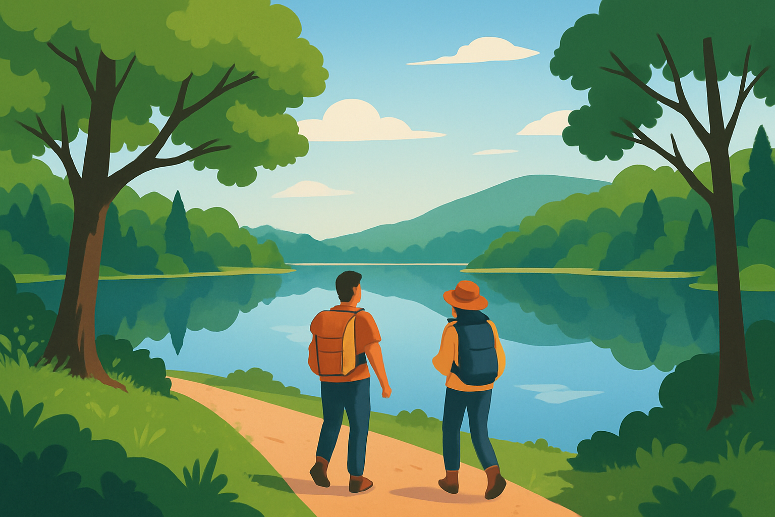 Scenic view of Sprig Lake Trail featuring calm waters and surrounding forest in perfect hiking weather