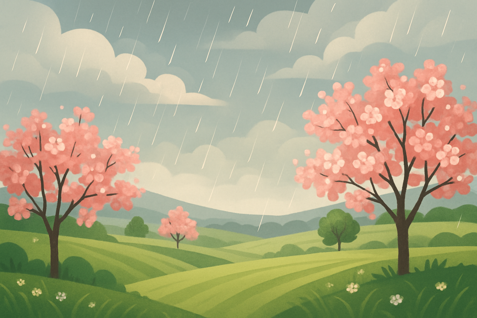 March rain gently nourishing a vibrant spring landscape, showing lush fields and budding plants under overcast skies.