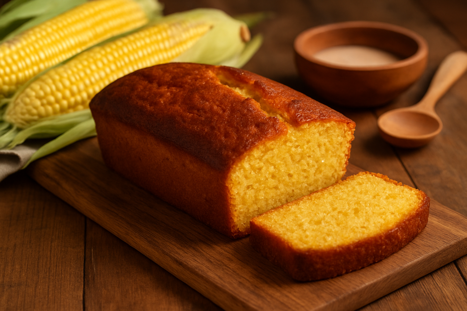 A traditional Pan de Elote, showcasing its moist and dense texture distinctive from American cornbread.