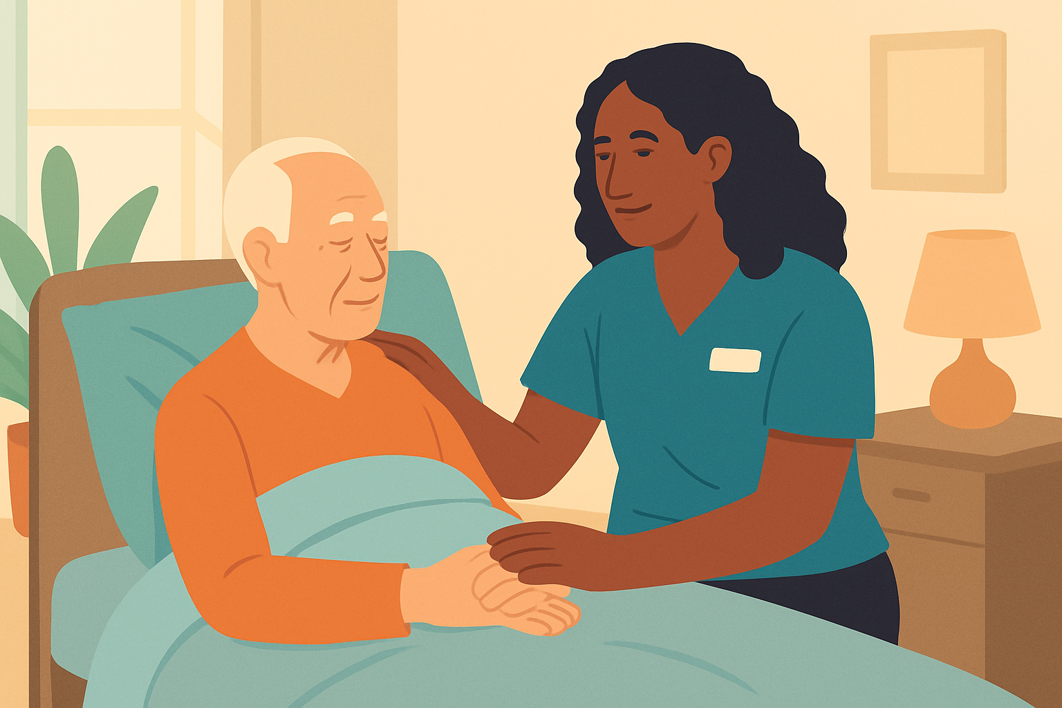 A hospice volunteer offering compassionate companionship to a patient in their home, illustrating volunteer impact.