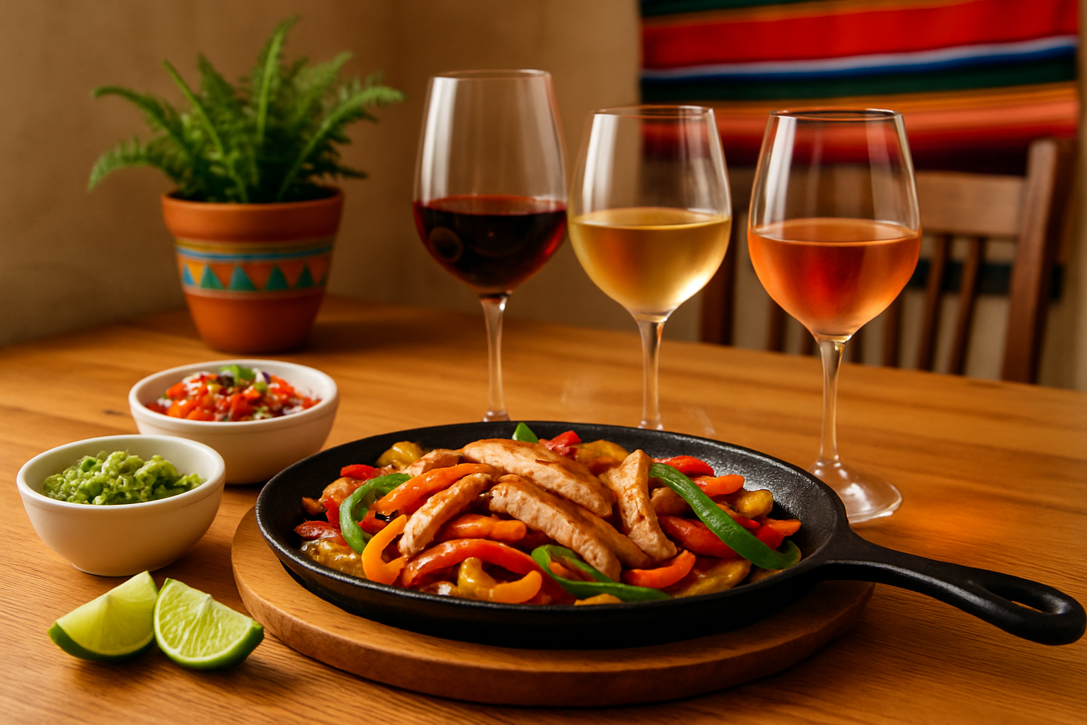A vibrant table setting showcasing sizzling fajitas paired with an assortment of red, white, and rosé wines.