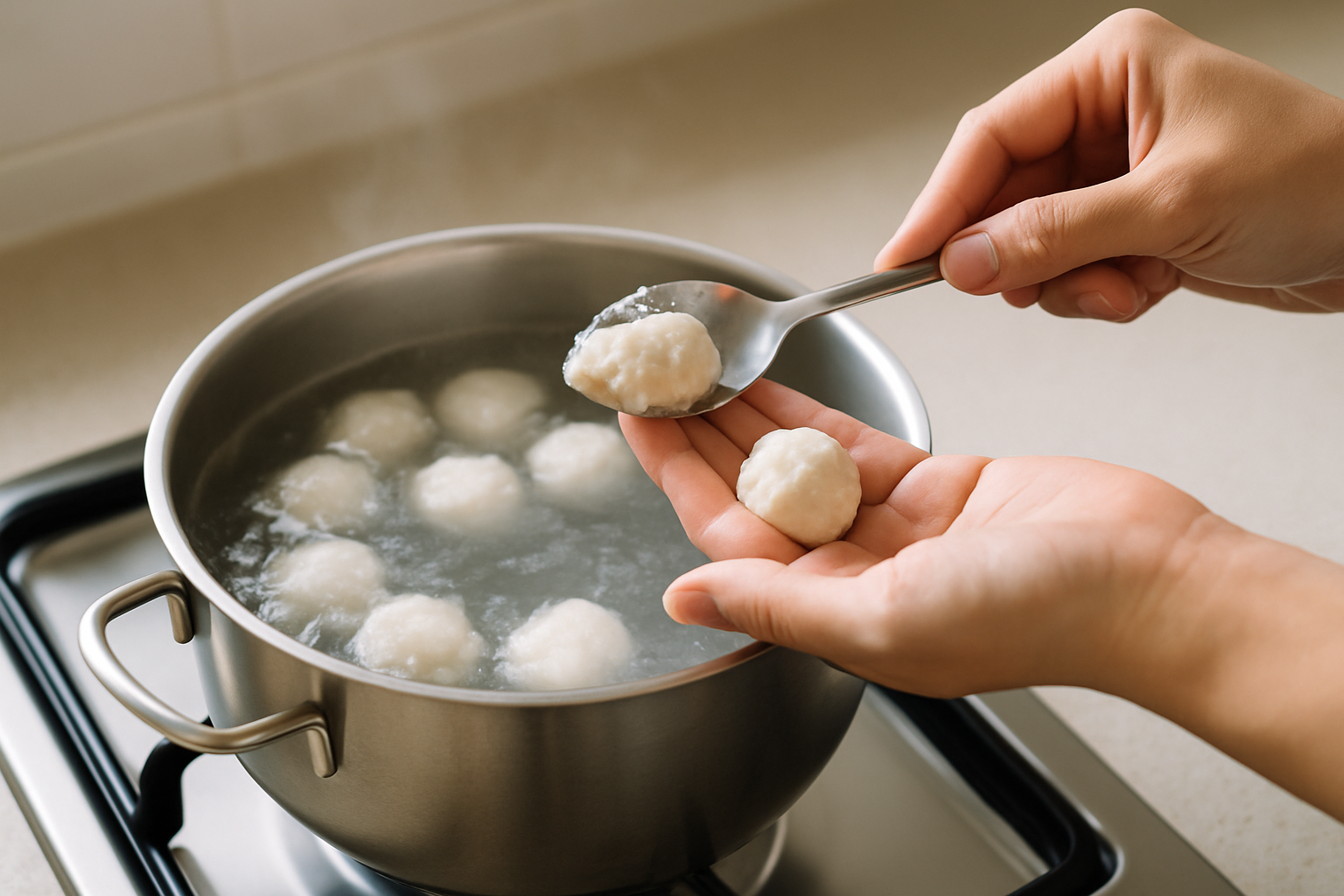 High-quality image showing the shaping of fish balls and cooking process