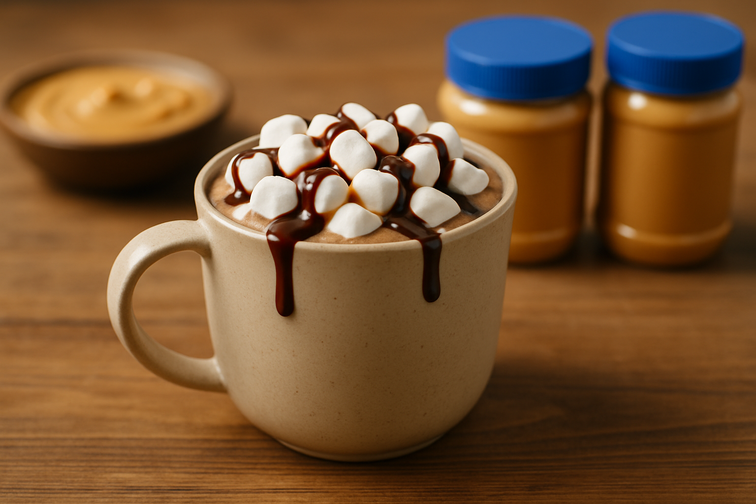 A cozy serving of peanut butter hot cocoa garnished with marshmallows and chocolate drizzle, showcasing its rich, indulgent texture.