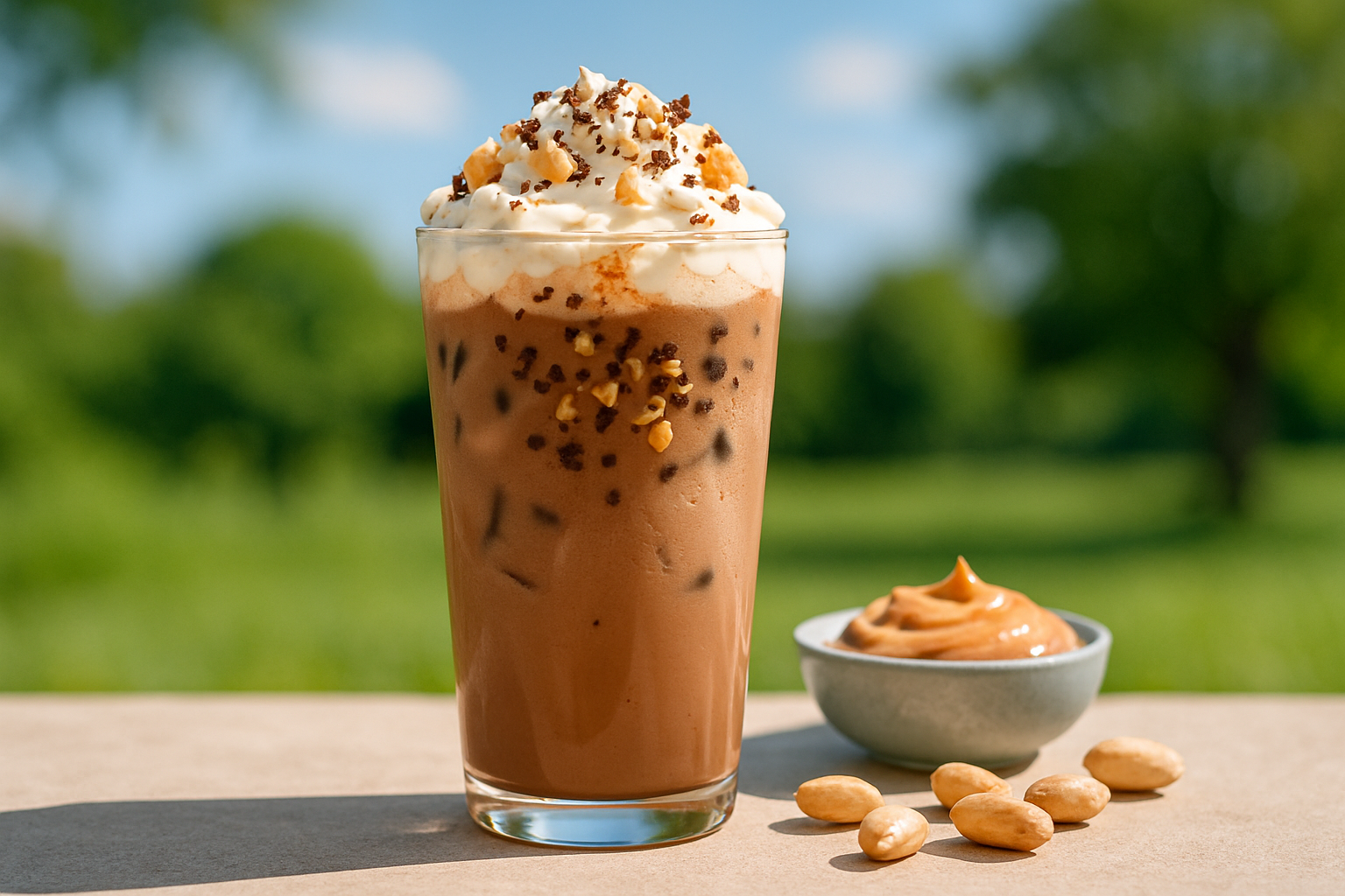 Refreshing iced peanut butter hot cocoa with creamy whipped cream and crunchy peanut topping, perfect for warm weather indulgence.