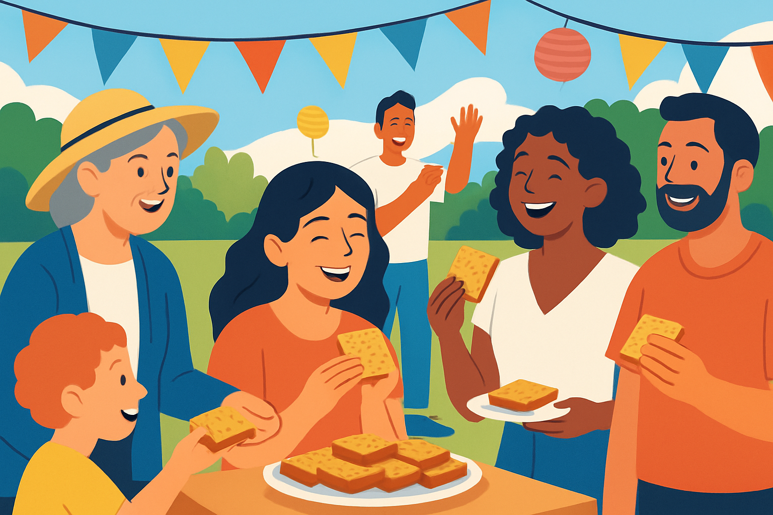 Community sharing flapjacks during National Flapjack Day festivities with joyful gatherings.