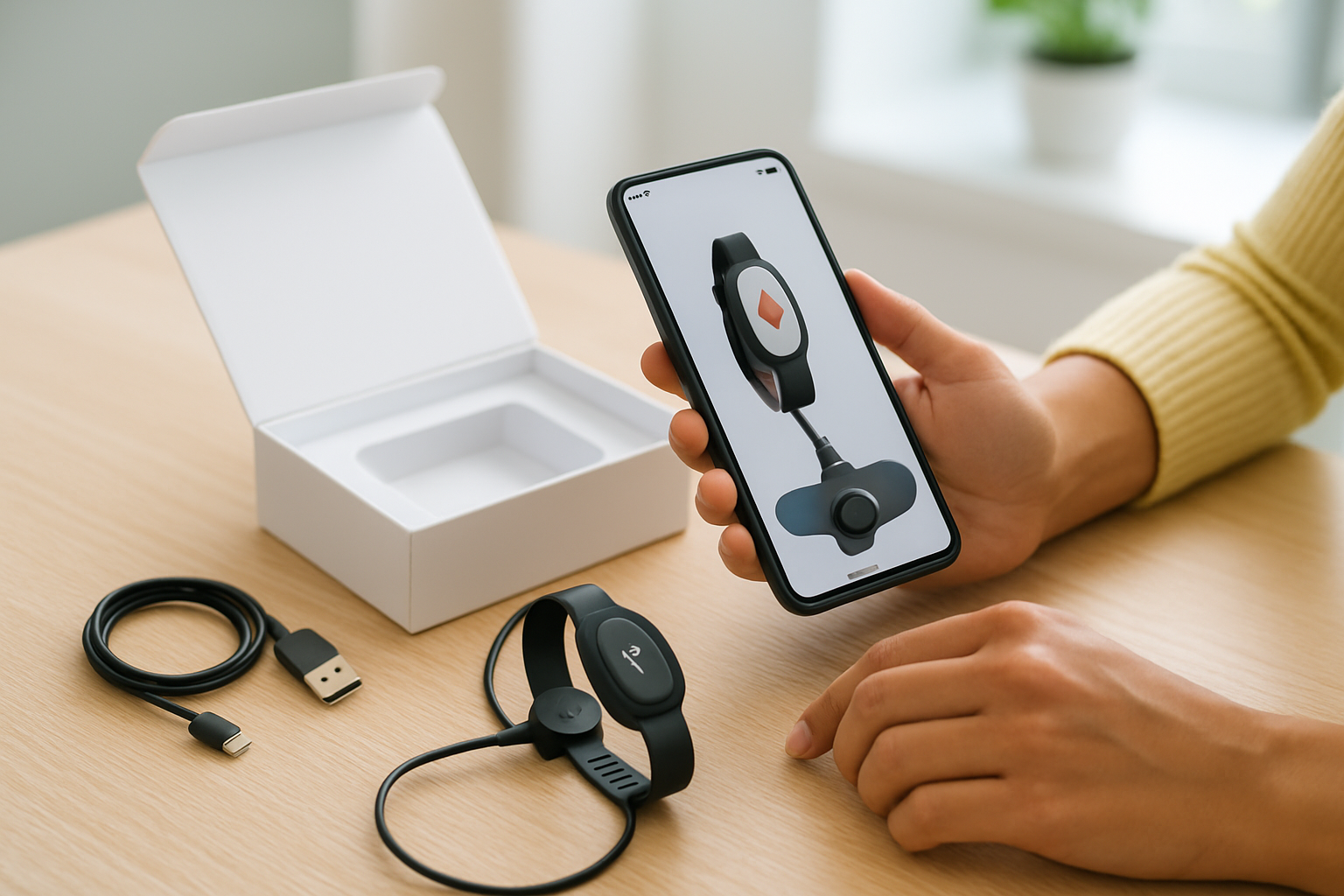 Setting up a flare alert bracelet with the companion app and charging the device.