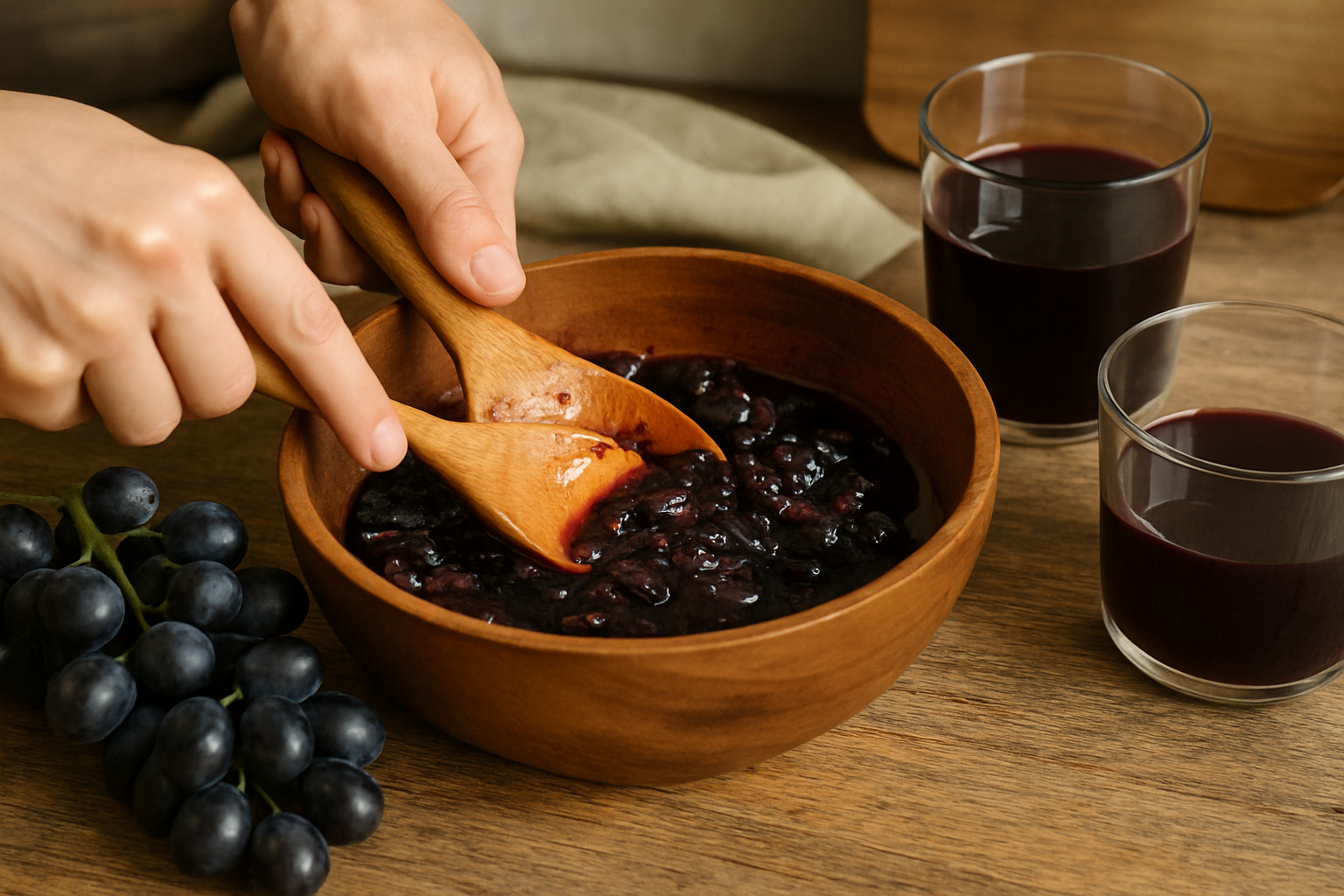 Hands gently smashing grapes with a wooden spoon in a bowl, demonstrating a manual grape crushing method.