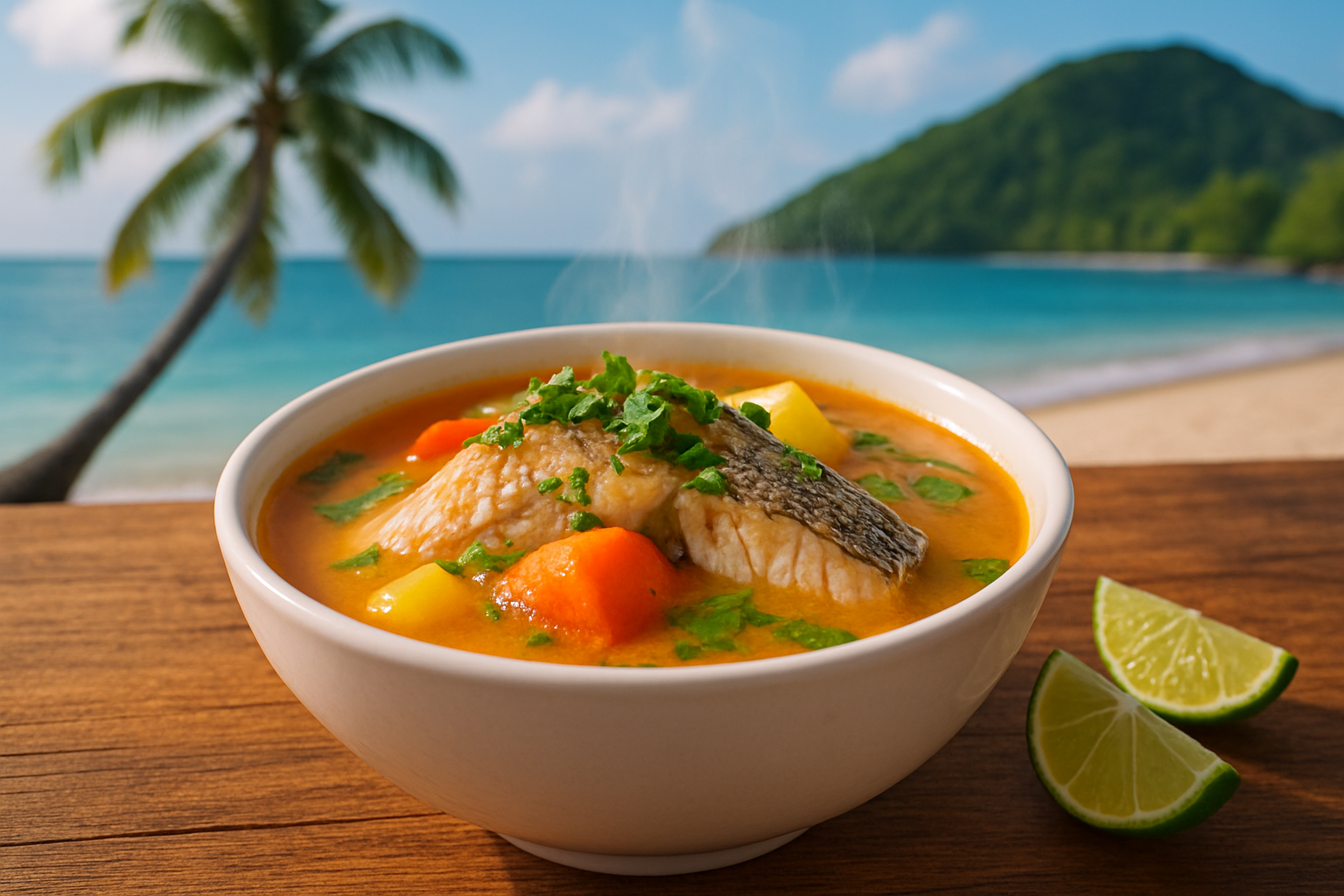 A vibrant bowl of Caribbean fish soup, showcasing its rich ingredients and fresh garnishes.