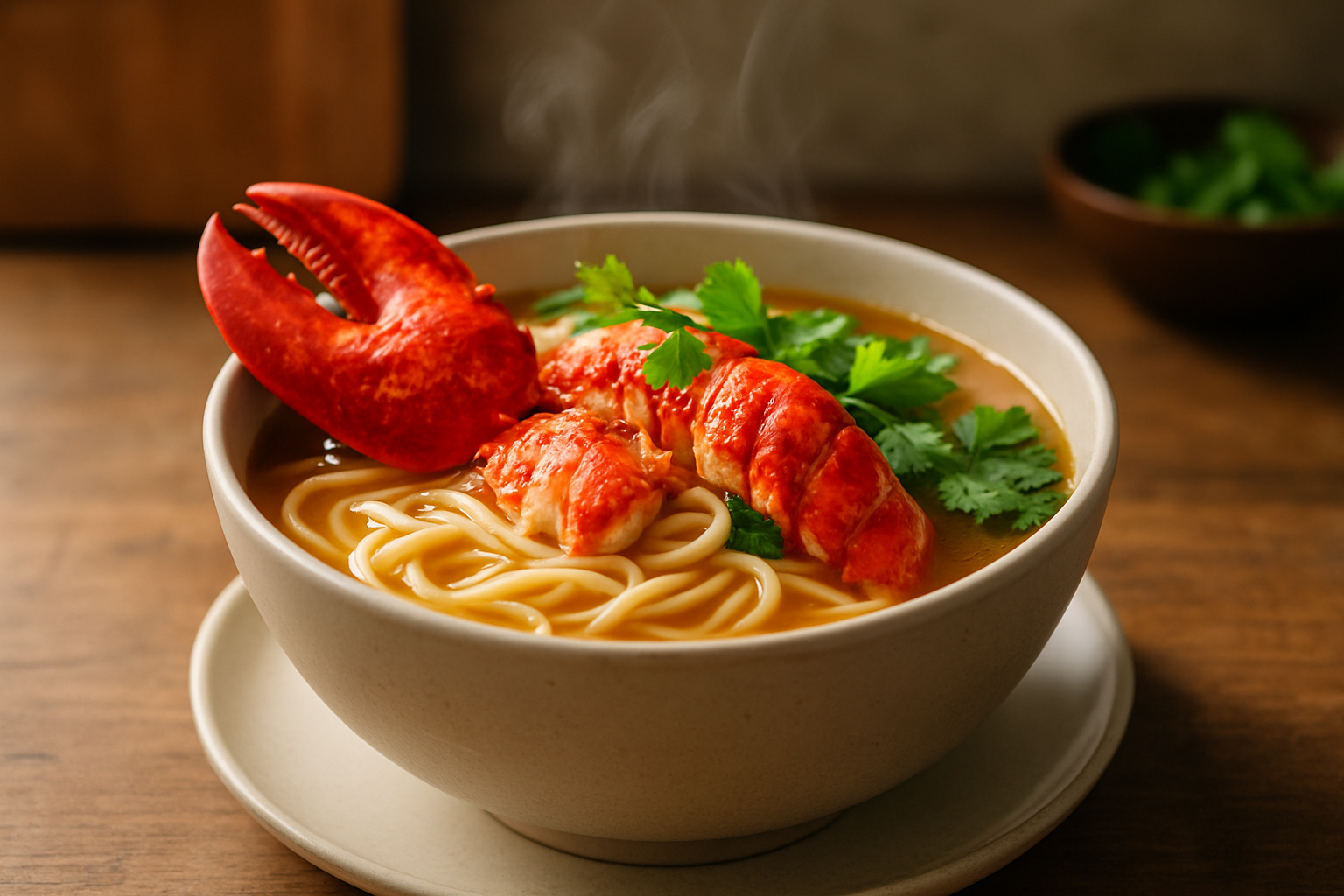 A steaming bowl of lobster noodle ready to serve, showcasing tender lobster and fresh garnishes