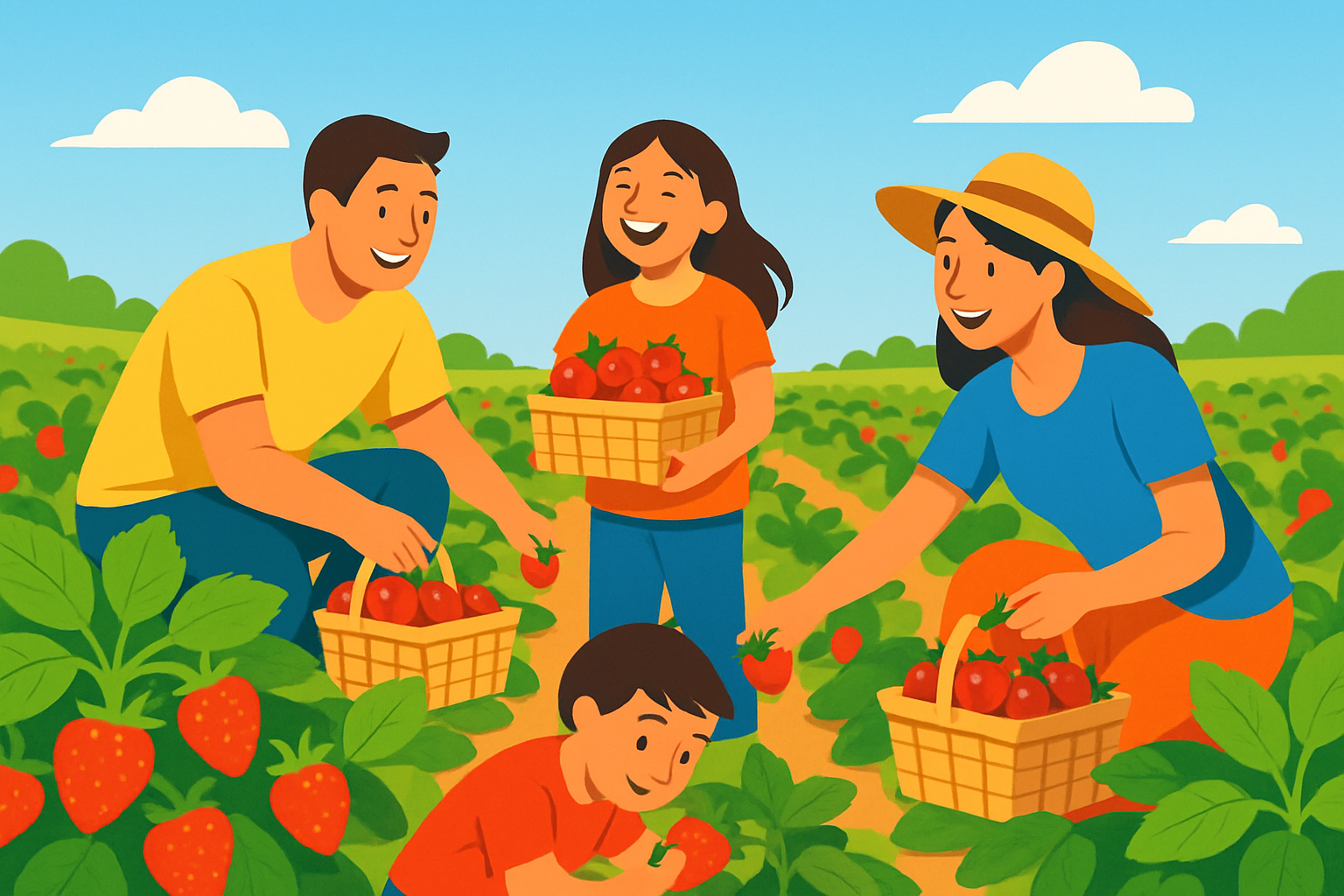 A family enjoying strawberry picking at a Memphis farm, showcasing ripe strawberries and a vibrant outdoor atmosphere