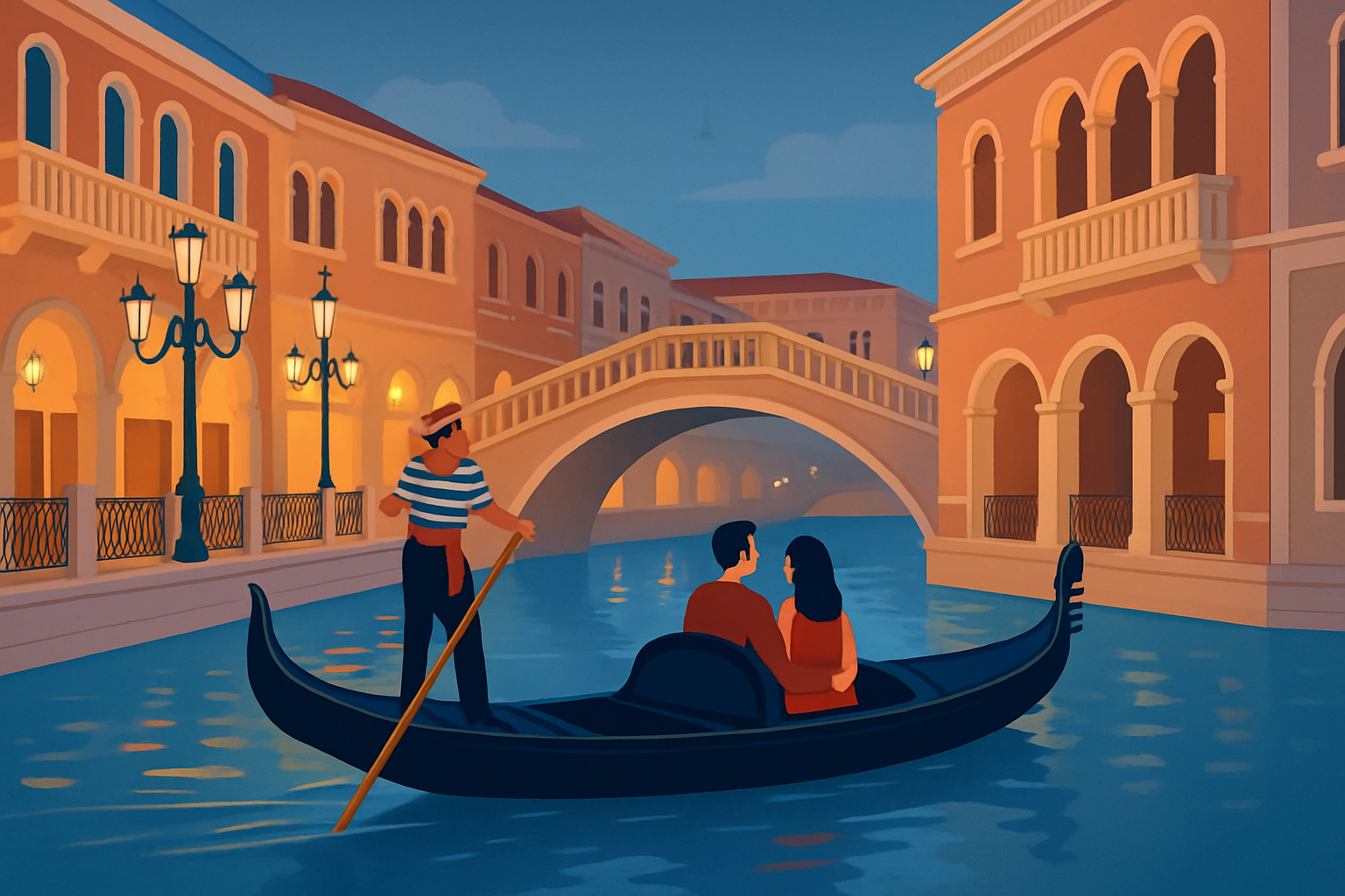 A gondola smoothly gliding along The Venetian’s indoor canal surrounded by full-scale Venetian architecture and ambient lighting.